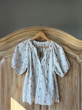 Loft Boho Puff Sleeve Stripe Aztec Blouse Size Small 100% Cotton Top